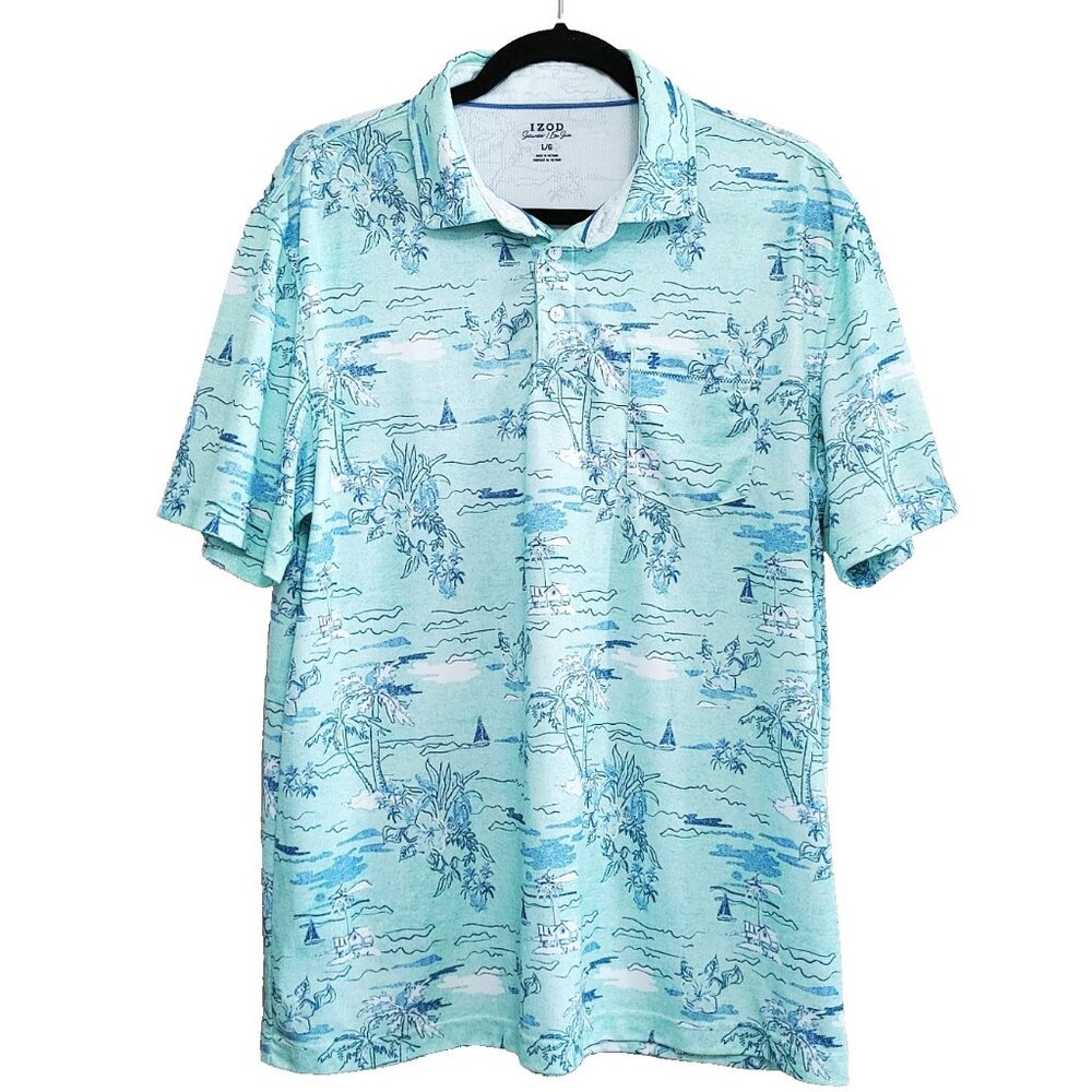 IZOD Saltwater Golf Polo Shirt Green Size Large Polyester All Over Print Shirt